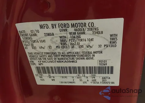 2011 Ford Escape Xlt из США, поврежденный, VIN 1FMCU9D74BKA09462